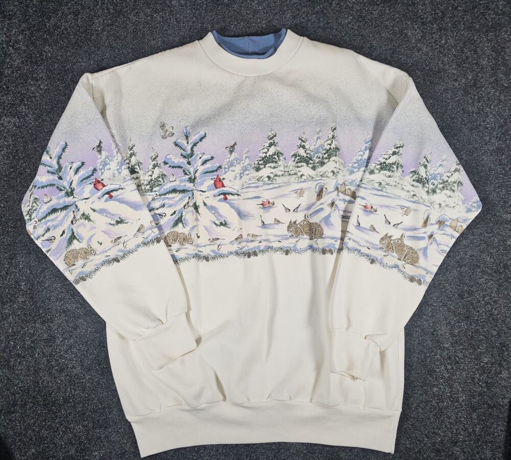 Vintage Artisans Sweatshirt Large XL White Fleece Winter Scene Birds Rabbits